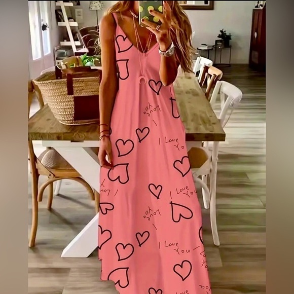 Heart Print V-Neck Spaghetti Maxi Dress - NWT - Size M - Picture 2 of 3